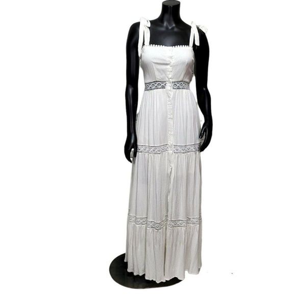 Shareen Collections Womens 8 White Gauze Knit Cutout Tie Strap Button Dress - Picture 2 of 11